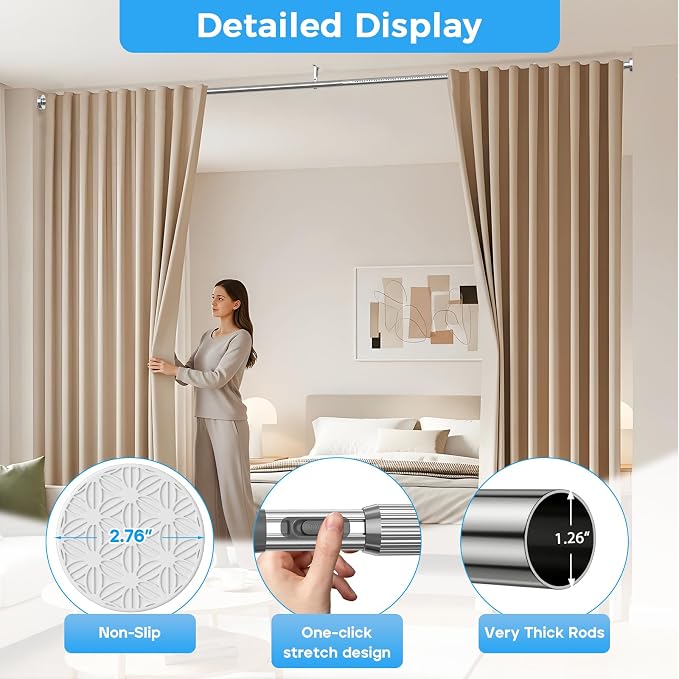 AIZESI 41-100 Inch Heavy Duty Silver Tension Curtain Rod - No Drilling, Adjustable, Rust-Proof for Outdoor, Living Room, Bathroom