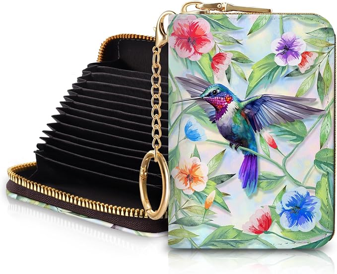 Blusabaca RFID Credit Card Holder Small Women Travel Wallet, Bird | Removable Keychain, Case with Zipper, Vegan PU Leather, Cash Coin Pocket, Business Accordion Purse, Ladies Female Gift