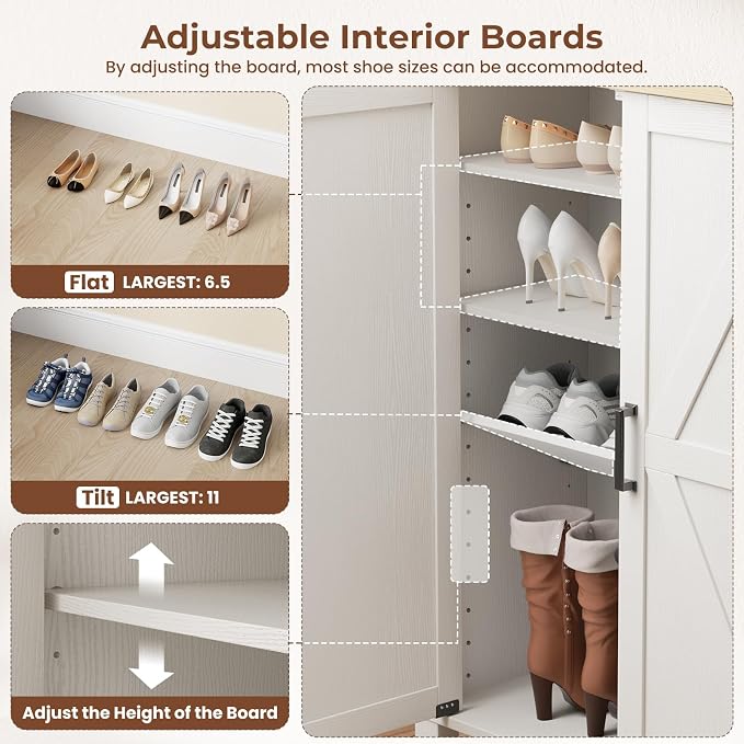 5-Tier Shoe Storage Cabinet, Farmhouse Shoe Rack Organizer Cabinet with 4 Adjustable Shelves & Side Cabinets, Freestanding Shoe Cabinet Storage with Anti-tip Fitting for Entryway, 47.3L×13.7W×40.7H