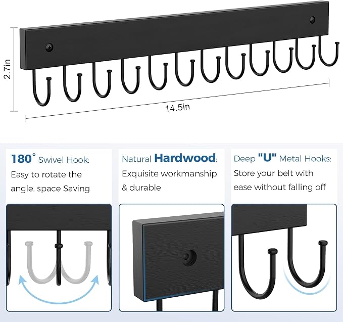Belt Hanger Wall Mounted, Wooden Belt Organizer 2 Pack Max 24 Storage Capacity, 180° Rotating Space Saving Hangers for Ties, Tank Tops, Scarves, Bras, Keys, Bags Black