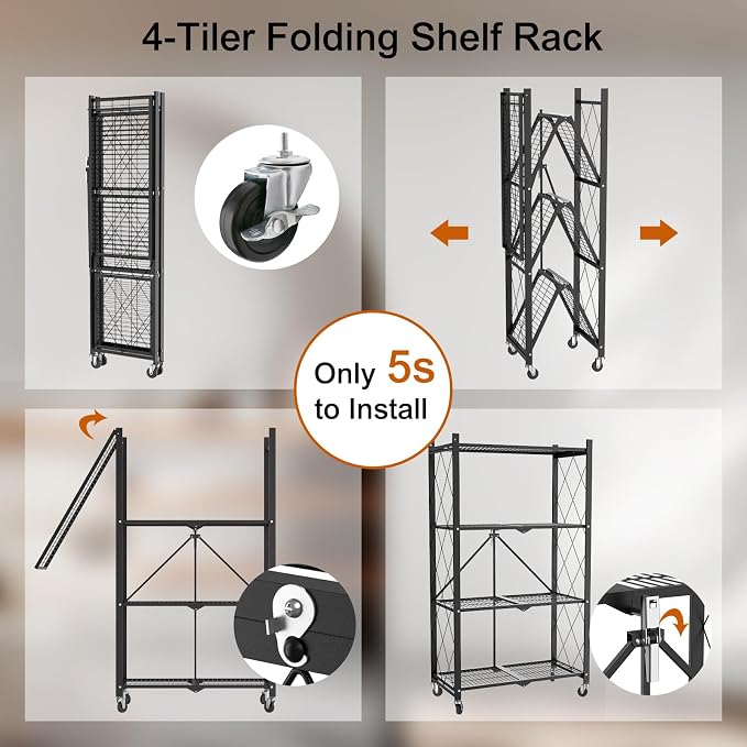 4 Tier Foldable Storage Shelves with Wheels -No Assembly Metal Folding Shelves Collapsible Shelving Unit Display Heavy Duty Rolling Shelf for Home Kitchen Office Room (Black, 50" x 13" x 27")