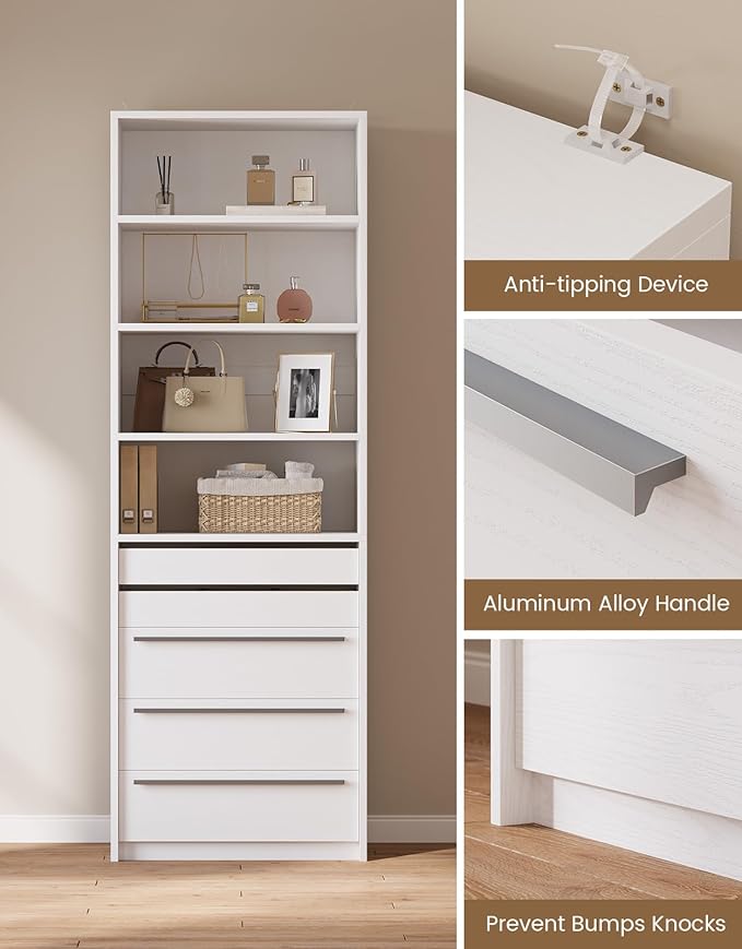 Modular Closet System, Closet Organizer System with 4 Shelves and 5 Drawers, Walk-in Wardrobe Standing Closet System, White