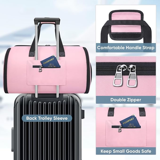BALEINE Travel Garment Bag, Travel Suit Bag for Men, Water Resistant Carry on Garment Bag for Hanging Clothes, Garment Duffel Bag for Travel Business (Pink-Convertible)
