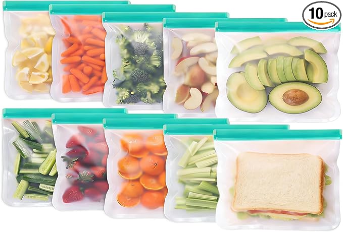 10 Pack Reusable Sandwich Bags, Dishwasher Safe Freezer Bags, BPA Free & Leakproof Reusable Lunch Bag for Salad Fruit Travel and Marinate Meats, Cereal, Lunch, Veggies（Green）