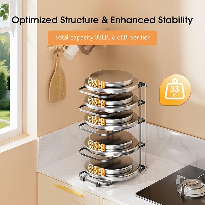 ORDORA Pots and Pans Organizer Rack under Cabinet 13.58" Tall, 5-Tier Pan Organizers inside Cabinet, Space Saving Kitchen Storage Pot Rack for Baking Pan Cast Iron Skillets Cookware - No Assembly