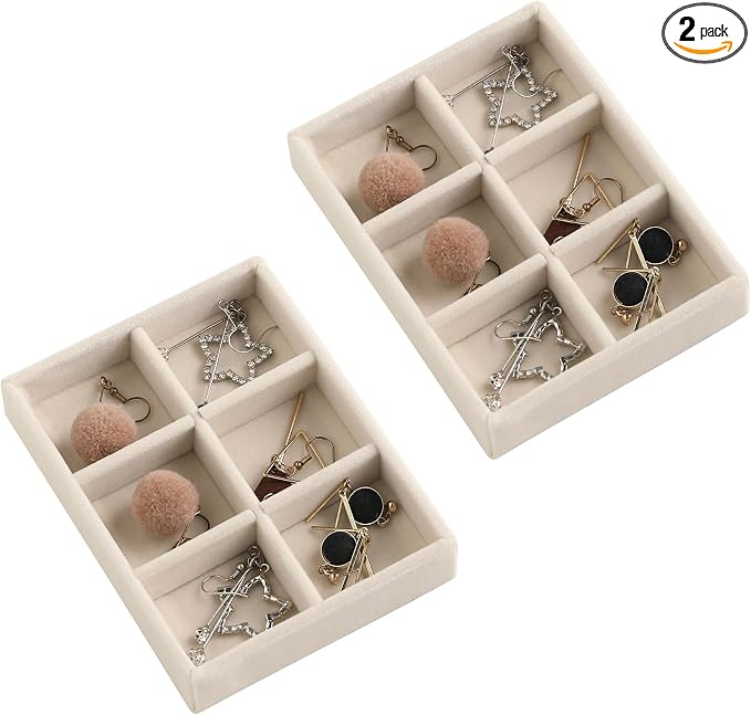 Frebeauty Small Jewelry Trays for Drawer,2 Pack 6 Grid Earring Organizer | Jewelry Display for Rings Stud,Jewelry Box Inserts,Drawer Inserts,Adjustable Dividers,Earring Organizer,Stackable,Mini Size