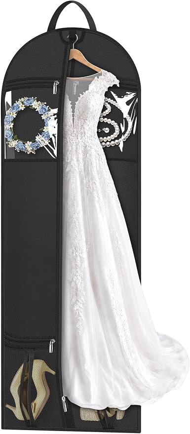MISSLO 72" Wedding Dress Garment Bag for Travel with 4 Large Pockets Dress Bags for Gowns Long Heavy Duty Dresses Protector Bag for Closet Storage Clothing Covers for Hanging Clothes, Black
