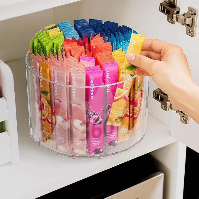 2-Pack Divided Drink Packet Organizer, Rotating Turntable Organizer, Spinning Powdered Drink Mix Holder, Clear Lazy Susan Turntable, Divided Water Drink Packet Storage Organizer