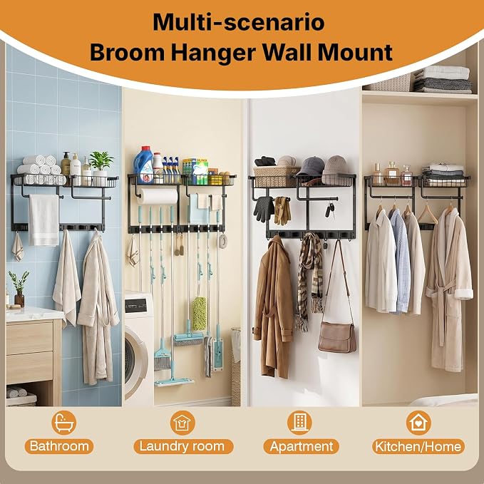 Broom Holder Wall Mount, Broom and Mop Organizer Wall Hanging with Paper Towel Holder & Removable Anti-fall Basket, Wall Mount Cleaning Supplies Organizer for Laundry Room, Apartment, Utility Room