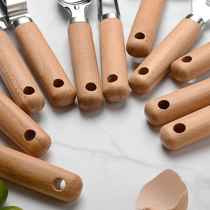 9pcs Kitchen Gadget Set with Wooden Handle, Stainless Steel Cooking Tools Kitchen Accessories Pizza Cutter, Egg Whisk, Vegetable Peeler, Can Opener, Garlic Press