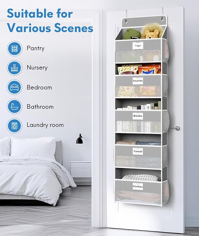 Optish Over The Door Organizer Hanging, 5 Shelf Behind The Doors Storage, Pantry Door Organizer, Closet Organizers for Bedroom and Nursery (Grey)