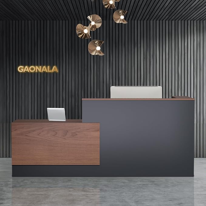 Ceridwen L-Shaped Large Wooden Reception Desk, Modern Front Desk Reception Counter with Lockable Drawers, Storage & Keyboard Tray for Office Lobby Checkout (Left-Brown + Black, 87''L x 42''W x 41''H)