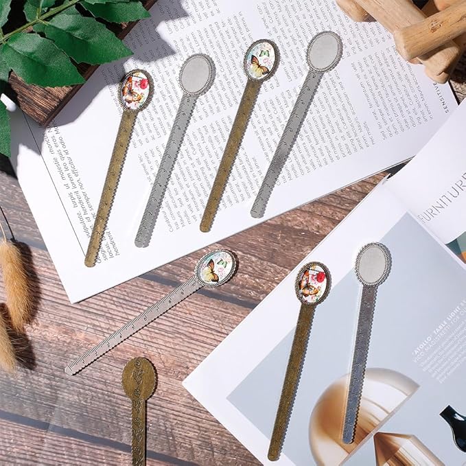 SUNNYCLUE 16Pcs DIY 8 Sets Metal Bookmark Blanks Oval Glass Cabochons Ruler Bookmark Bezel Trays Butterfly Book Mark Blanks Bezels Antique Silver Bronze Cabochon Bookmarks Making Kit for Men Women