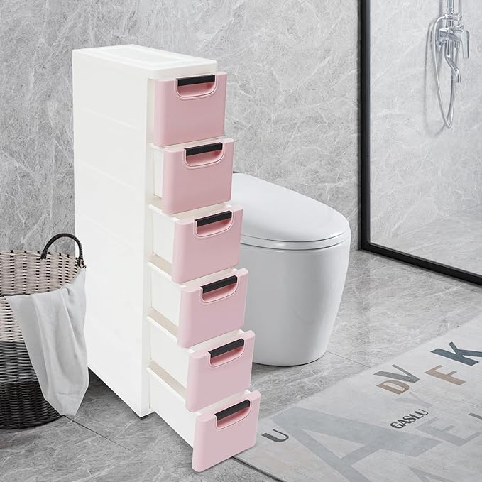 6 Drawers Narrow Storage Cabinet, Stackable Plastic Storage Tower Slim Utility Organizer for Kitchen Bathroom Living Room Office (Light Pink)