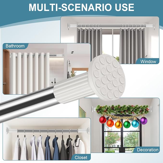 ZOCONE Tension Curtain Rod 51-128 Inch (4.25-10.5Ft), Shower Curtain Rod No Drilling for Bathroom, Outdoor Curtain Rods for Patio, Heavy Duty Long Tension Rod for Window, Stainless Steel