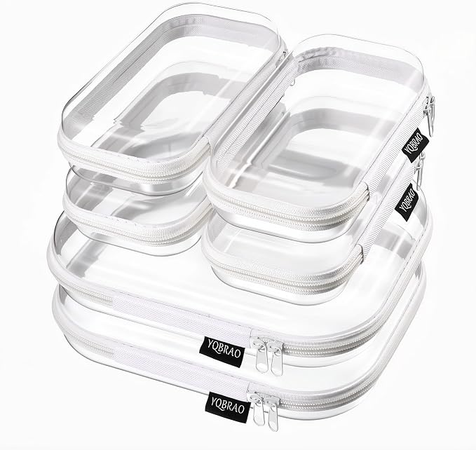 YQBRAO 6 Pack Clear Hard Shell Beauty Organizer (2M+4S), 1.2mm Crush-Proof Cosmetic Case, Reinforced YKK Zippers, Stadium Approved Security Bag for Skincare, Toiletries & Electronics, Multi-Size Set