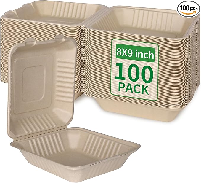 Aricsen Compostable 1 Compartment 100 Pack 8×9 Inch TakeOut Lunch Box Containers with Lid Togo Take Out Clamshell for Food, To Go Disposable Eco-Friendly Biodegradable Bagasse, PFAS-Free, Brown