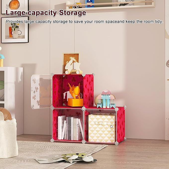 C&AHOME Cube Storage Organizer with Doors, 3-Cube Shelves, DIY Plastic Modular Bookshelf, Closet Clothes Storage Shelving Ideal for Bedroom, Living Room, Clover Embossed, Red