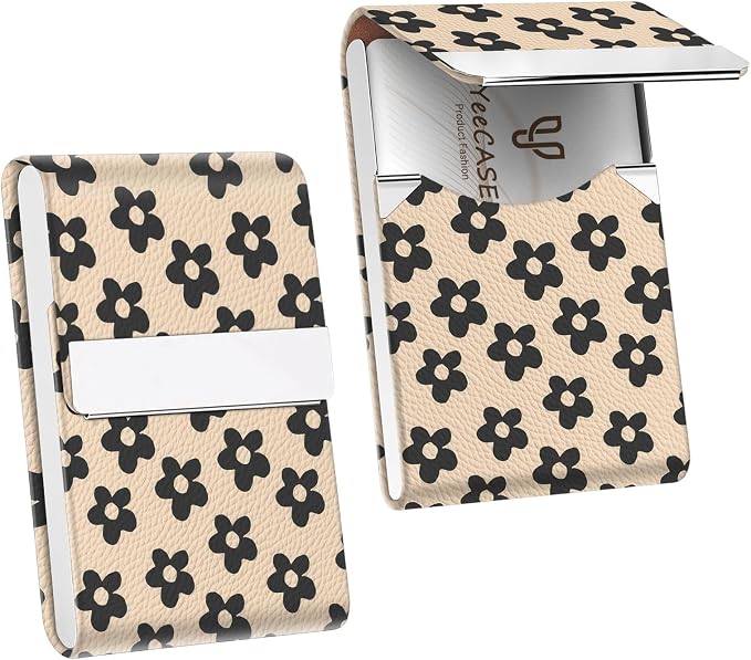 2Pack Leather Stainless Steel Business Card Holder, Metal Slim Business Card Case for Women or Men, Pocket Business Card Carrier with Prints, Magnetic Closure, RFID Blocking