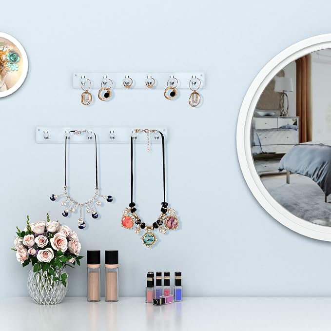 AITEE Acrylic Necklace Holder Organizer Wall Mounted with 6 Hooks, 2 PACK | 11.3x1.38, prevents tangles, hangs necklace, jewelry, bangles, bracelets, rings, for home, best gifts for girls and women
