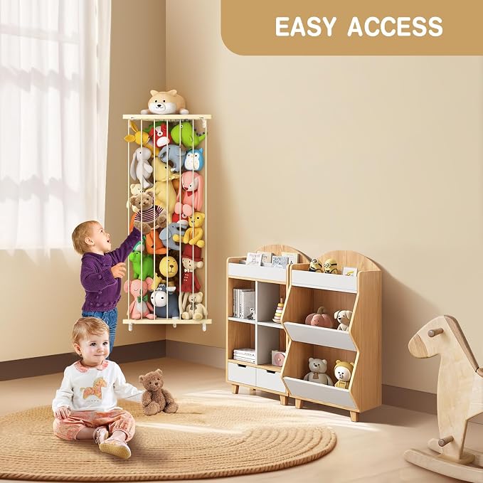 Stuffed Animal Storage Toy Organizer(Patented) - Large Corner Stuffed Animal Holder Length Adjustable - Wall Plush Storage for Nursery Playroom Bedroom Kids Room (Beige)