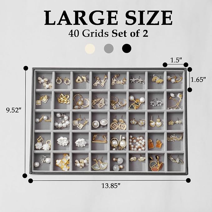 Large Jewelry Organizer Tray 2 Pack, Stackable Jewelry Storage Holder for Drawer Inserts, PU Leather Velvet Jewellery Display Case for Earring Bracelet Necklace Ring (Black Gray, 40 Grids)