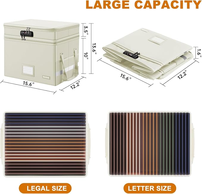 DocSafe File Box with Lock,Multi-Layer Fireproof Document Box Collapsible File Storage Organizer with Pockets/Handle,Large Portable Home Office Filing Box for Hanging Letter/Legal Size Folders,Beige