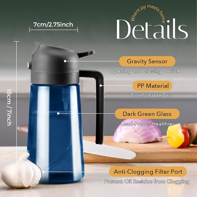 YARRAMATE 16oz/470ml Light-Blocking Dark Oil Sprayer for Cooking, 2 in 1 Olive Oil Dispenser Bottle for Kitchen, Premium Blue Glass Oil Bottle, Food-Grade Oil Mister for Air Fryer, BBQ (Black)