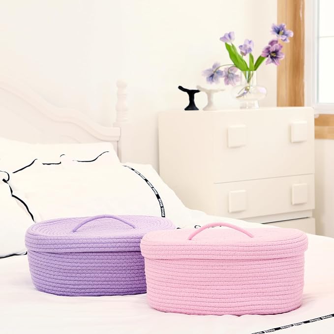 Sea Team Oval Cotton Rope Storage Basket with Lid, Lidded Woven Storage Bin, Nursery Storage Container, Diaper Caddy, Baby Shower Basket, Box, Organizer, 15 x 11 x 6.5 Inches (Medium, Lavender)