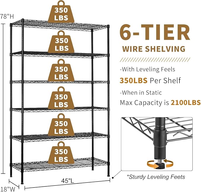 6-Tier Storage Shelves 45" x 18" x 82" Heavy Duty Metal Shelving Unit 2100Lb Capacity Adjustable Storage Racks with Wheels NSF Garage Wire Shelf for Basement Commercial, Black