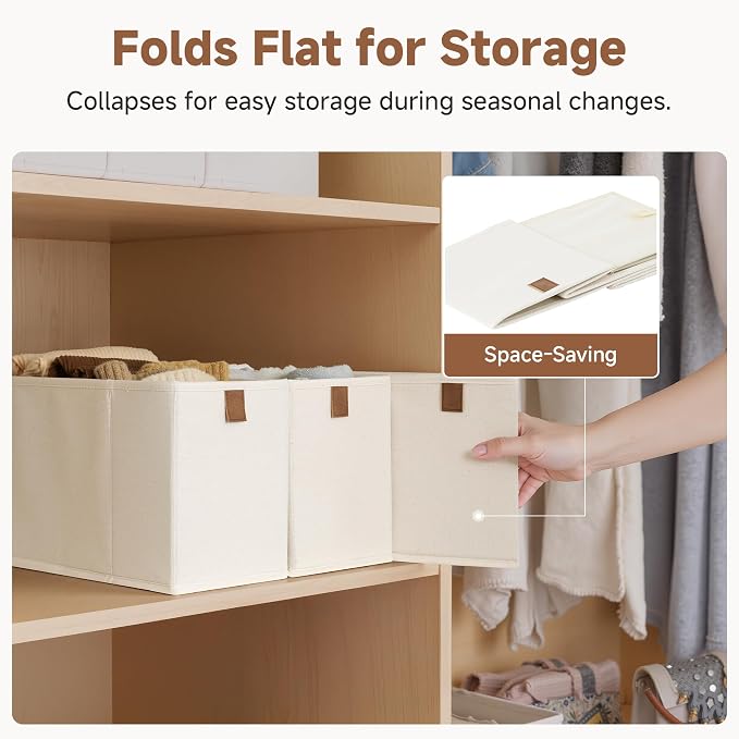 StorageWorks Thin Narrow Baskets for Storage, Small Storage Bins, Fabric Storage Bins with PU Handle, Ideal for Slim Shelves, Clothes, and Toys, Beige, 2-Pack