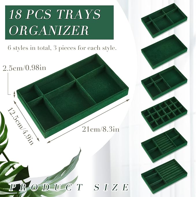 Junkin 18 Pcs Jewelry Drawer Organizer Inserts, Stackable Jewelries Inserts for Dresser Drawers, Drawer Insert Organizers Velvet Jewelry Trays for Rings Earring Bangle Necklace(Dark Green)