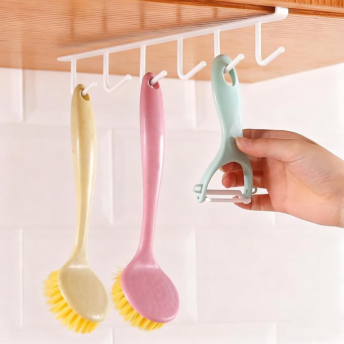 2Pcs White Mug Hanger, Under Cabinet Cup Holder Hanging Mug Organizer for Cabinet Nail Free Under Adhesive Coffee Cups Mug Holder Hanger for Cups/Kitchen Utensils/Ties Belts/Scarf/Keys Storage