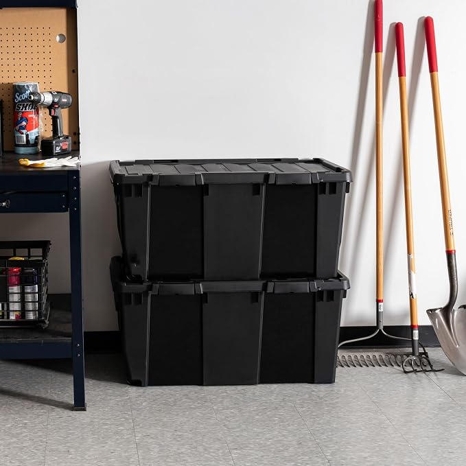 IRIS USA 32 Gallon Rolling Storage Bin with Lid, Heavy Duty, 2 Pack | Built-in wheels and lockable latches make transporting tools, camping gear, truck equipment, and garage storage effortless.