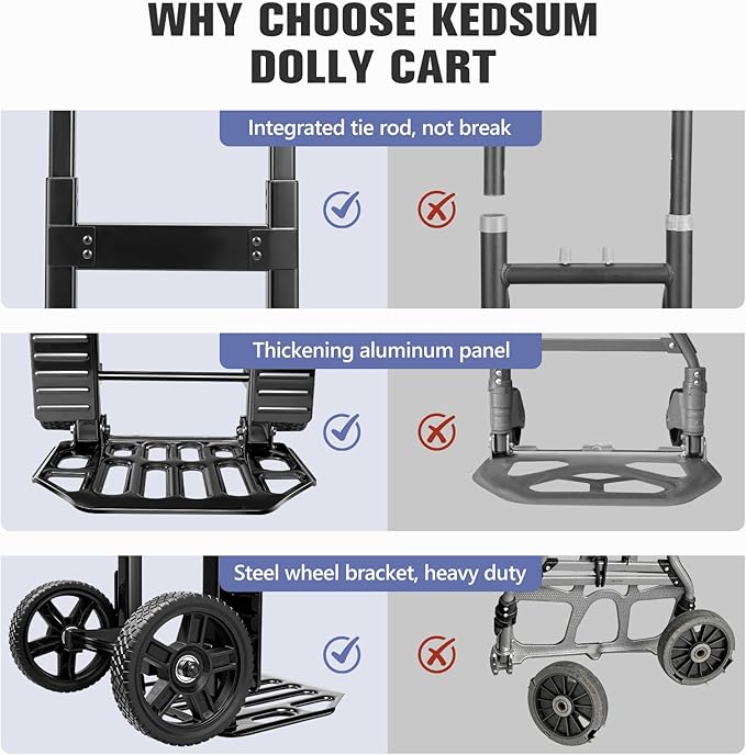 KEDSUM Folding Hand Truck Dolly, 460lbs Capacity Dolly Cart with Wheels for Warehouses, Homes, and Offices, 7" Solid Rubber Wheels & Height 49.2 inch, Telescoping Handle