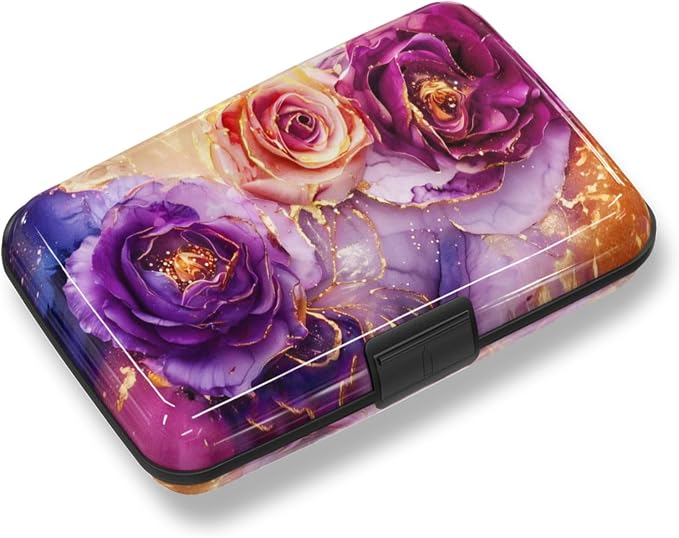 Credit Card Holder, Business Card Case Mini RFID Small Aluminum Card Wallet | Blocking Slim Metal RFID Blocking Front Pocket Wallet Hard Case Durable CC Holder for Women Girl, Purple Marble Flower