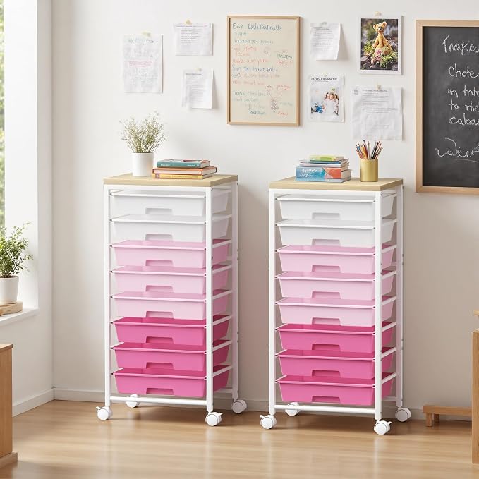 Rolling Cart with 8 Drawers, Plastic Drawer Storage Carts with Wheels & Wooden Tabletop, Metal Utility Cart Organizer for Bedroom Living Room Office Classroom Craft Organization and Storage, Pink