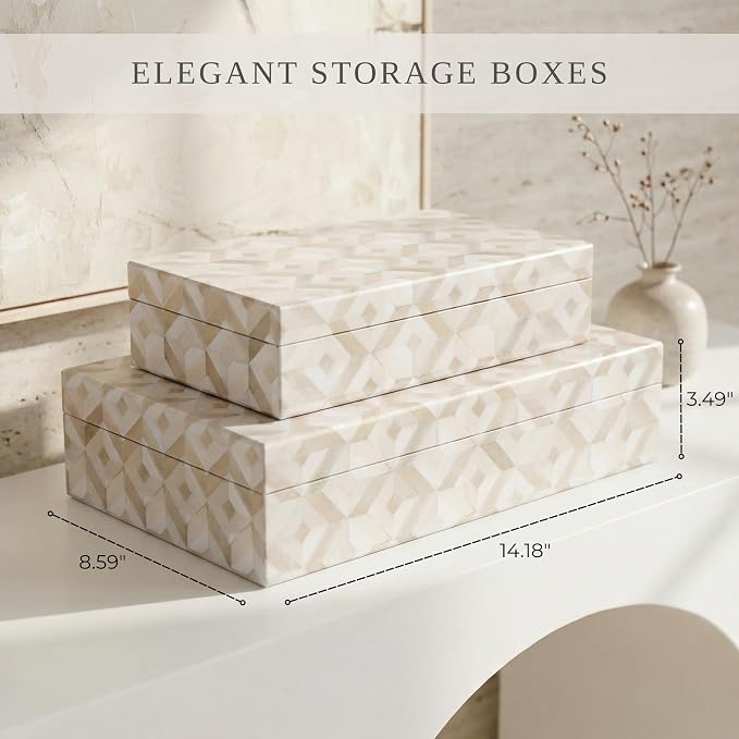 ZICOTO Decorative Storage Boxes with Lids - Set of 2 Beautiful Organizer Bins for Your Bookshelf Home Decor - Safely Store Photos, Documents and Memory Box Keepsakes on Your Shelves in Style