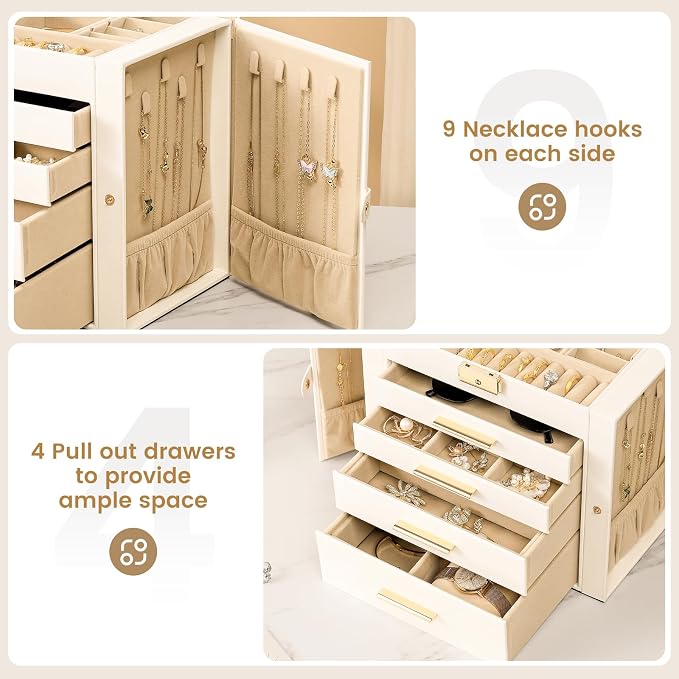 Synthetic Leather Huge Jewelry Box Mirrored Watch Organizer Necklace Ring Earring Storage Lockable Gift Case (White)