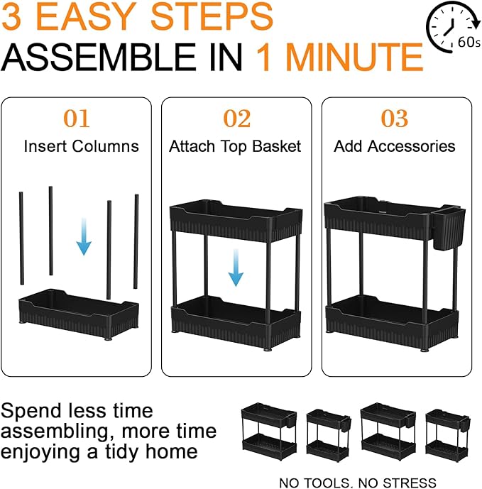 Sevenblue 4 Pack Under Sink Organizer, Under Bathroom Cabinet Organizer with Hooks Hanging Cup, Multi-Purpose Storage Shelf for Kitchen Bathroom, Black