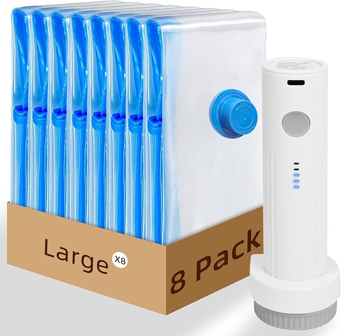 8 Pack Vacuum Storage Bag for Travel with Cordless Electric Pump, Large | Carry-on Packing Bags for Luggage and Suitcase, Space Saver Compression Clothes Storage Bag with Rechargeable Pump (8 Large)