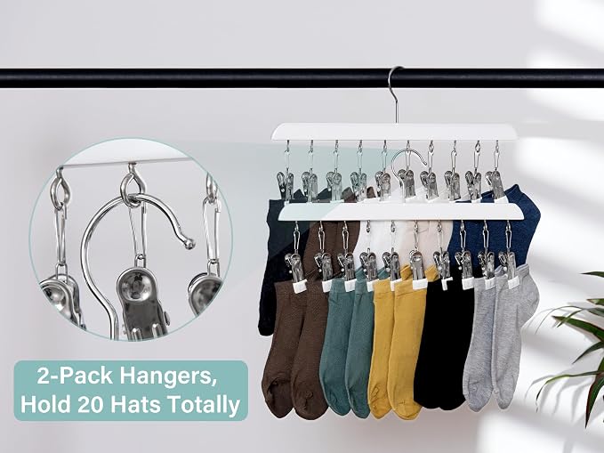 StorageWorks Hat Organizer 2 Pack, White Cap Hanger Rack with 10 Clips