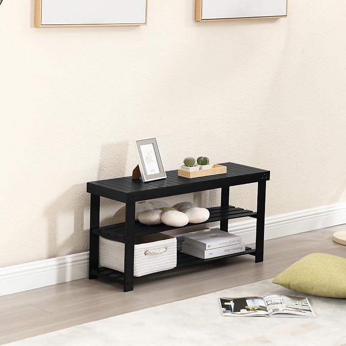 Apicizon Bamboo Shoe Rack for Entryway, 3-Tier Shoe Rack Bench for Front Indoor Entrance, Small Shoe Organizer with Storage, 35.4 Inches, Black