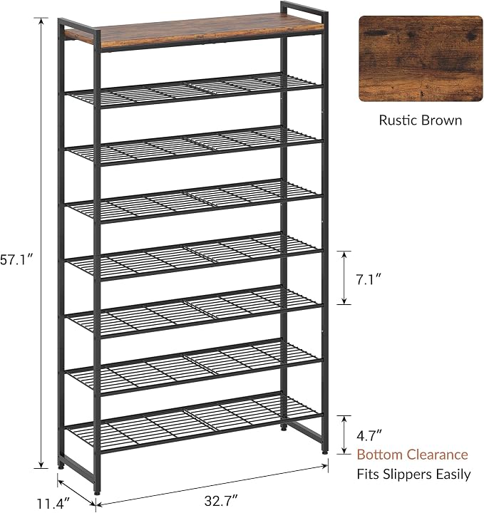 8 Tier Shoe Rack Organizer for 32-40 Pairs, Tall Metal Shoe Storage Shelf with Wood Top, Adjustable Boot Space, Narrow Design for Entryway Closet, Rustic Brown and Black