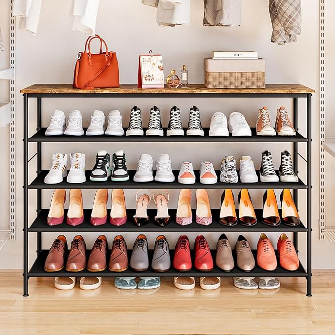 INGIORDAR 5 Tier Long Metal Shoe Rack Storage Organizer for Closet Entryway | Spacious design Shoe Shelf stores 30 Pairs of Shoes for Closet Entryway Bedroom Living Room Garage Black+Rustic Brown
