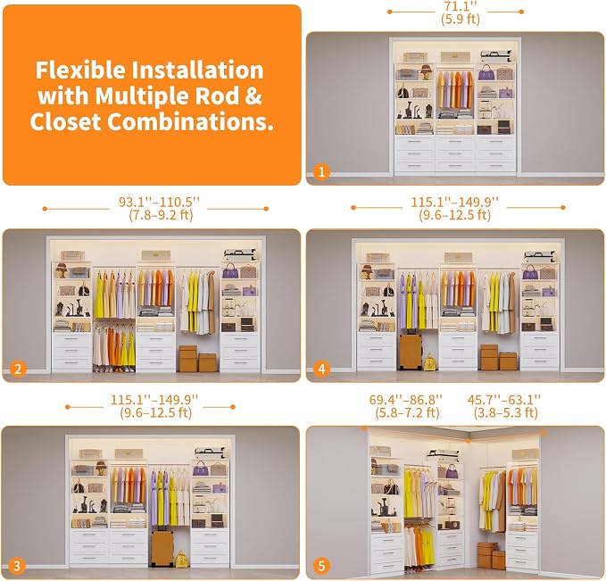 Closet System with 3 Sets, 6–15 FT Closet System with 9 Drawers, 9 Shelves & 4 Adjustable Hanging Rods, Max 189.3" Closet Organizer Systems for Walk-in Closets, Modular Custom Closet Tower, White