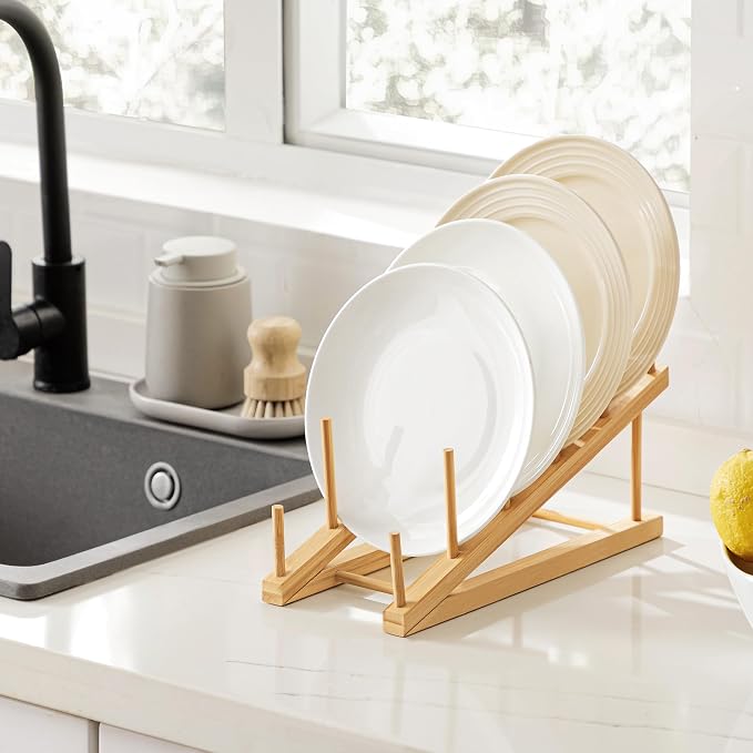 HBlife 4pcs Step Bamboo Wooden Dish Drying Rack Kitchen Plate Display Stand | Plate/Dish/Book/File/Bowl/Cup/Cutting Board/Pot Lid Organizer, For Home & Kitchen Counter, Office, Display Cabinet