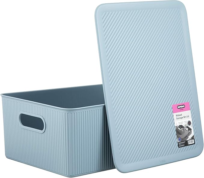 Superio Ribbed Decorative Plastic Home Storage Bins 2 Pack, Blue Organizer Baskets 15 Liter, Boxes for Organizing Closet Shelf (Bin with Lid- Large)