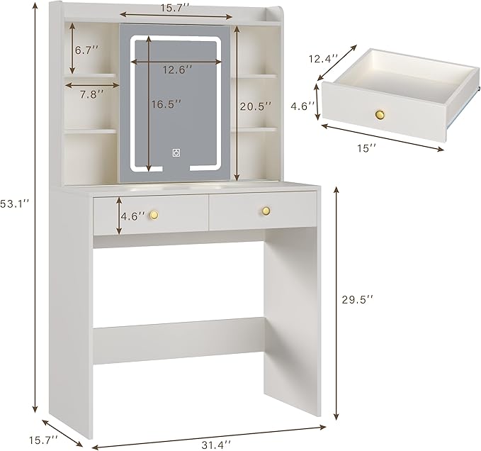 HUAHUU Vanity Desk with Mirror and Lights, 31" Makeup Vanity Desk with Lights 3 Colors, Small Vanity with 2 Storage Drawers & 6 Shelves for Girls Women Bedroom, White