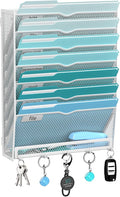 8-Tier Hanging Wall File Organizer with 5 Hooks, Mesh Wall File Holder Vertical Mount Mail Organizer for Papers, Folders, Magazines, Bills, Office and School, White